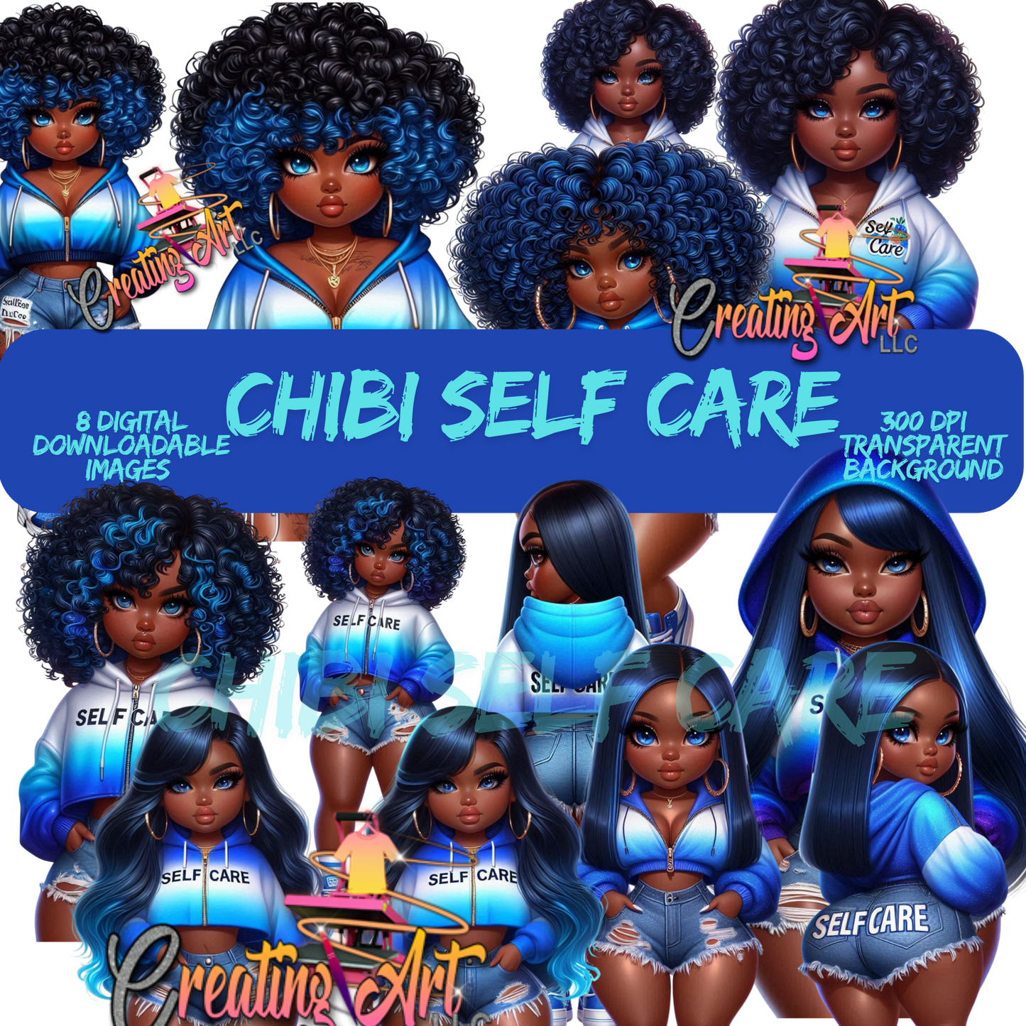"Chibi Self Care Digital Art Bundle – 8 High-Resolution PNGs (300 DPI, Transparent Background)"