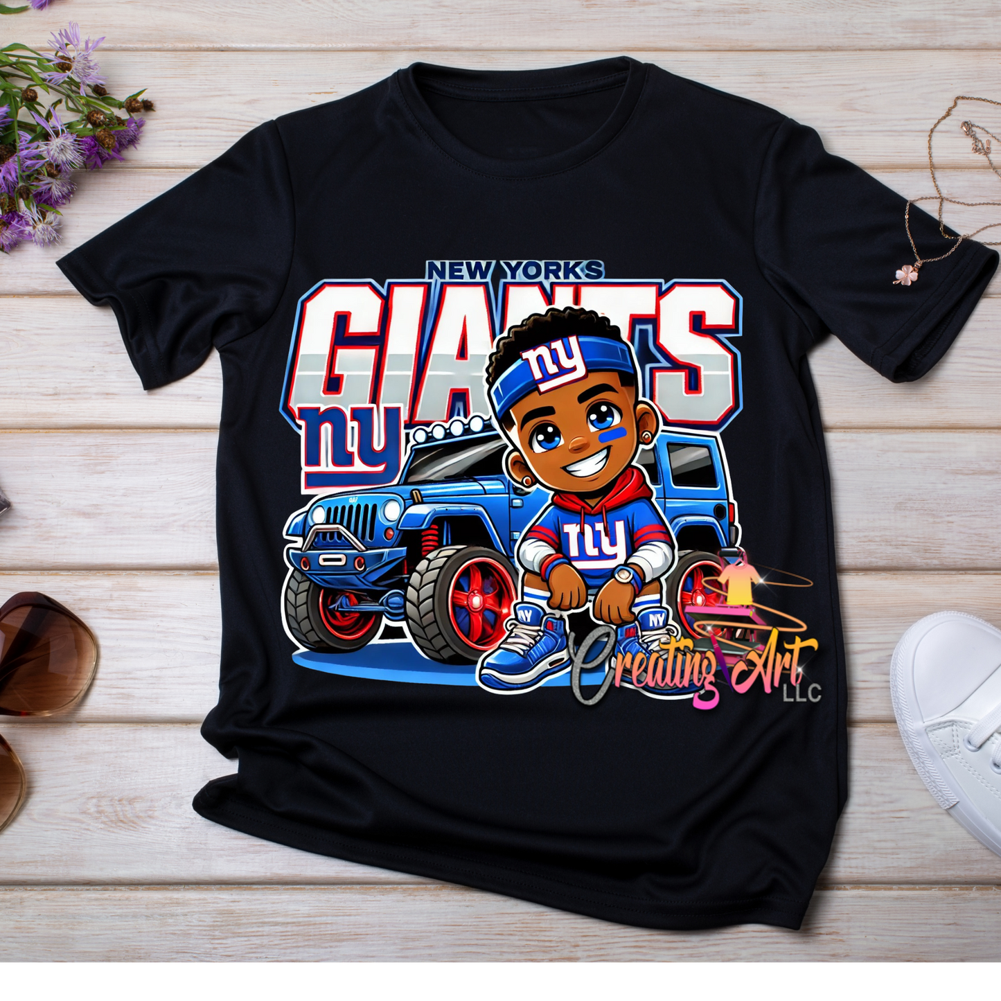 "New York Giants Chibi Fan Art | Cute NFL Football Shirt | Blue Jeep Sports Fan Graphic | Game Day | Giants Tshirt"