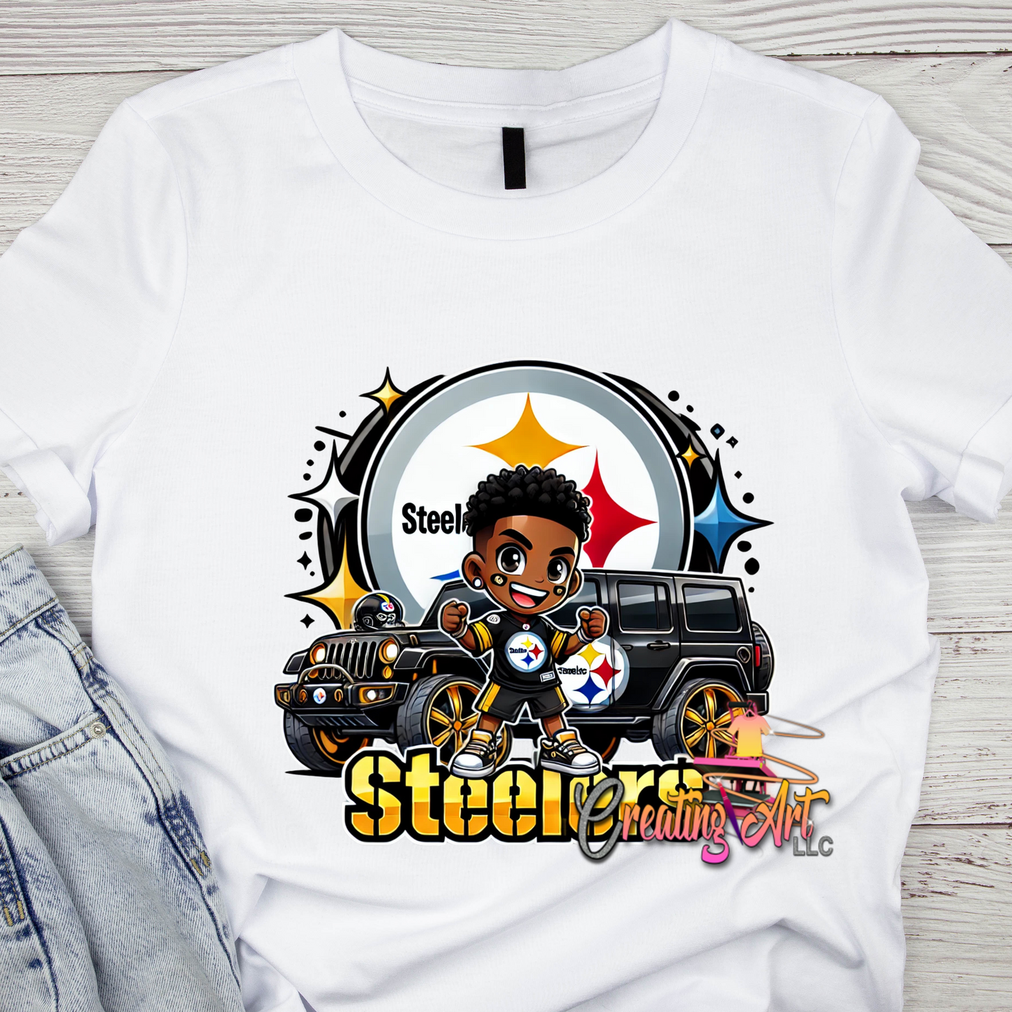 Pittsburgh Steelers Chibi Fan Art | Cute NFL Football PNG | Black & Gold Jeep Sports Fan Graphic | Game Day Digital Download | Steelers SVG for T-Shirts & Stickers