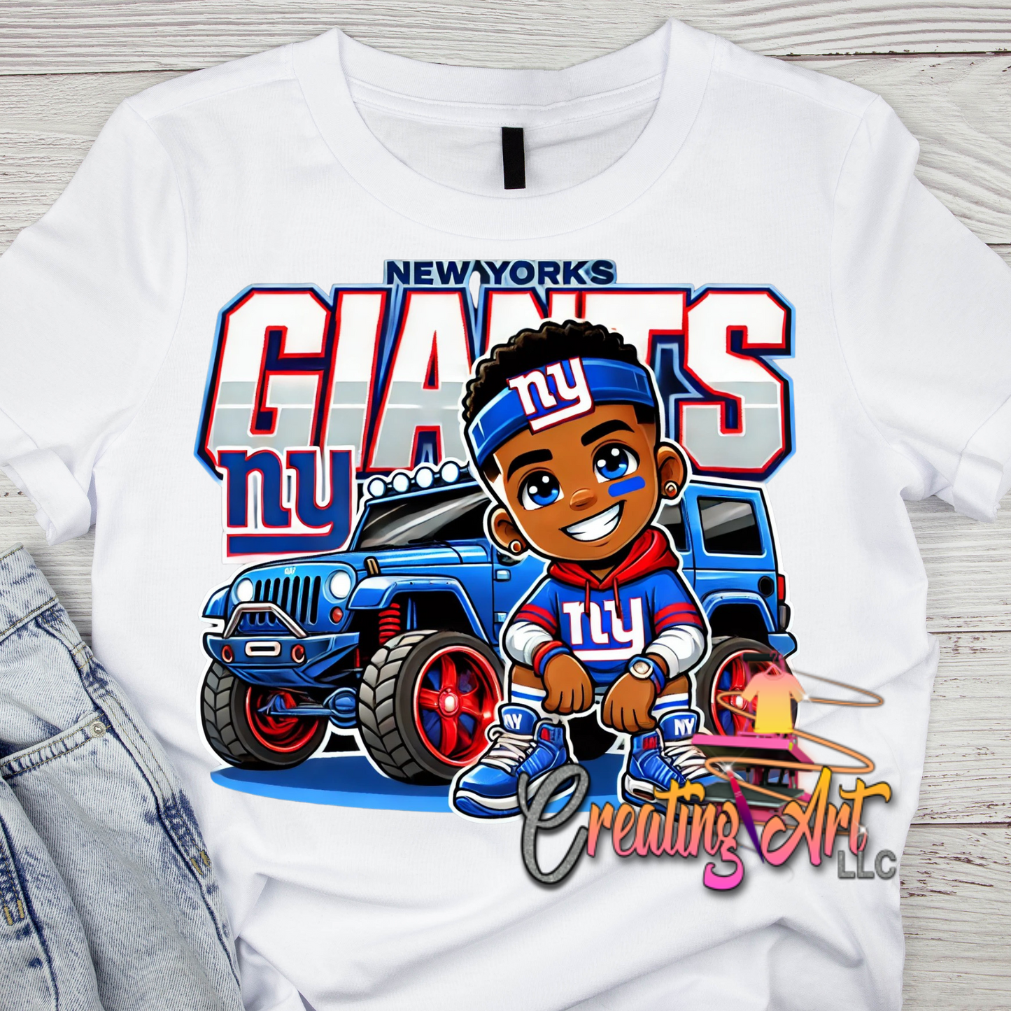 "New York Giants Chibi Fan Art | Cute NFL Football Shirt | Blue Jeep Sports Fan Graphic | Game Day | Giants Tshirt"