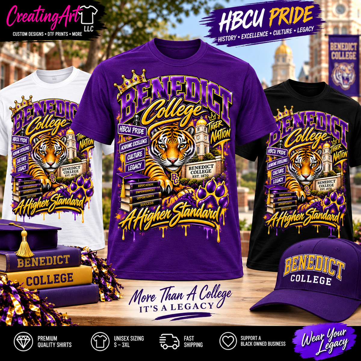 Benedict College A Higher Standard center print shirts in white purple and black