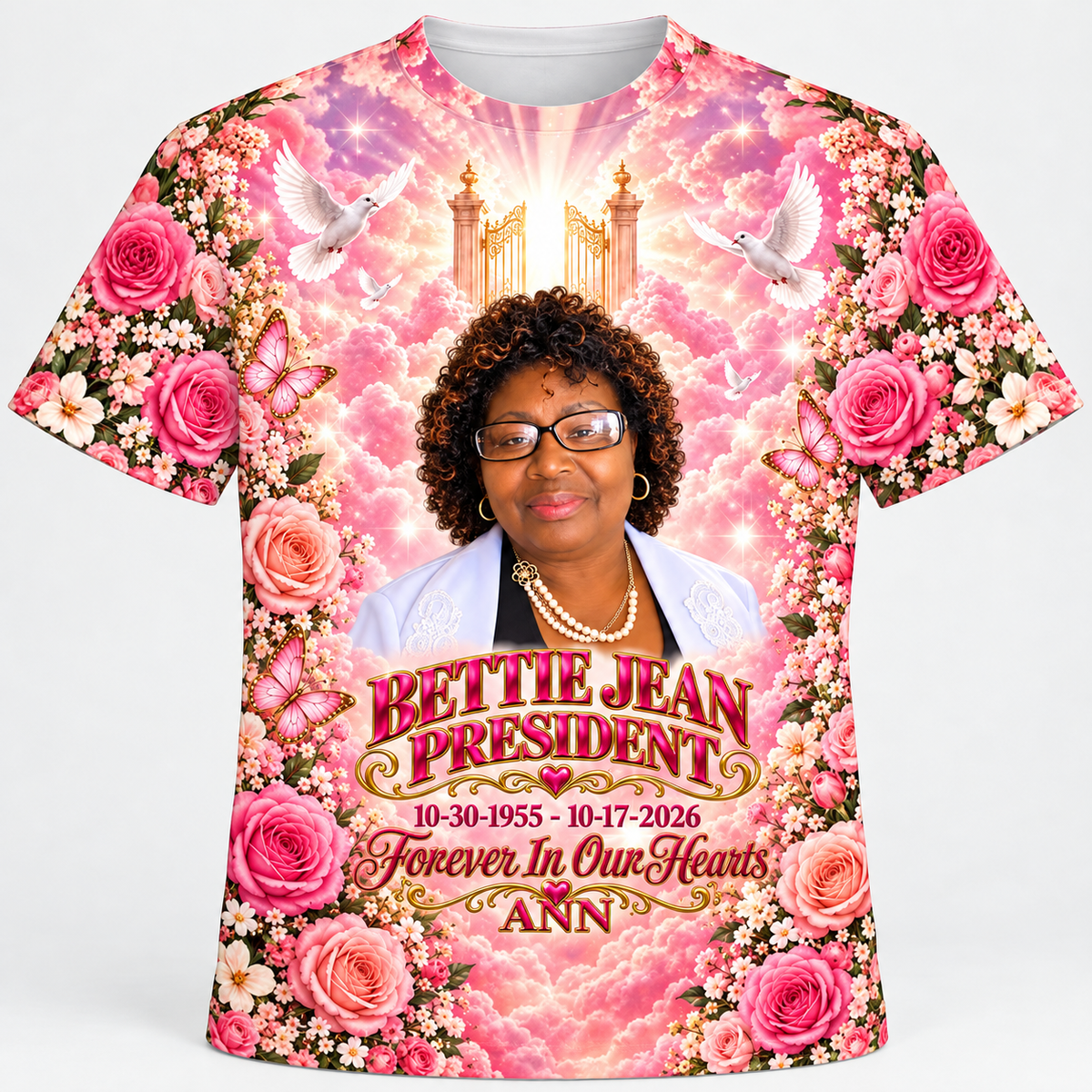 Full-front Bettie Jean President pink rose memorial shirt, front only