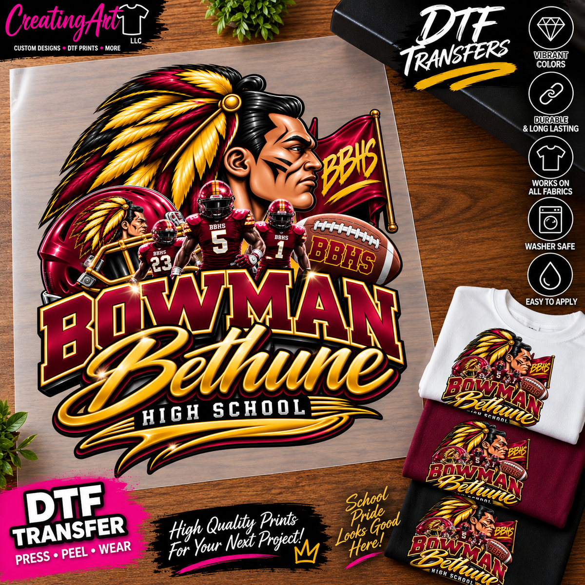 Bowman-Bethune High School Mohawks DTF print mockup