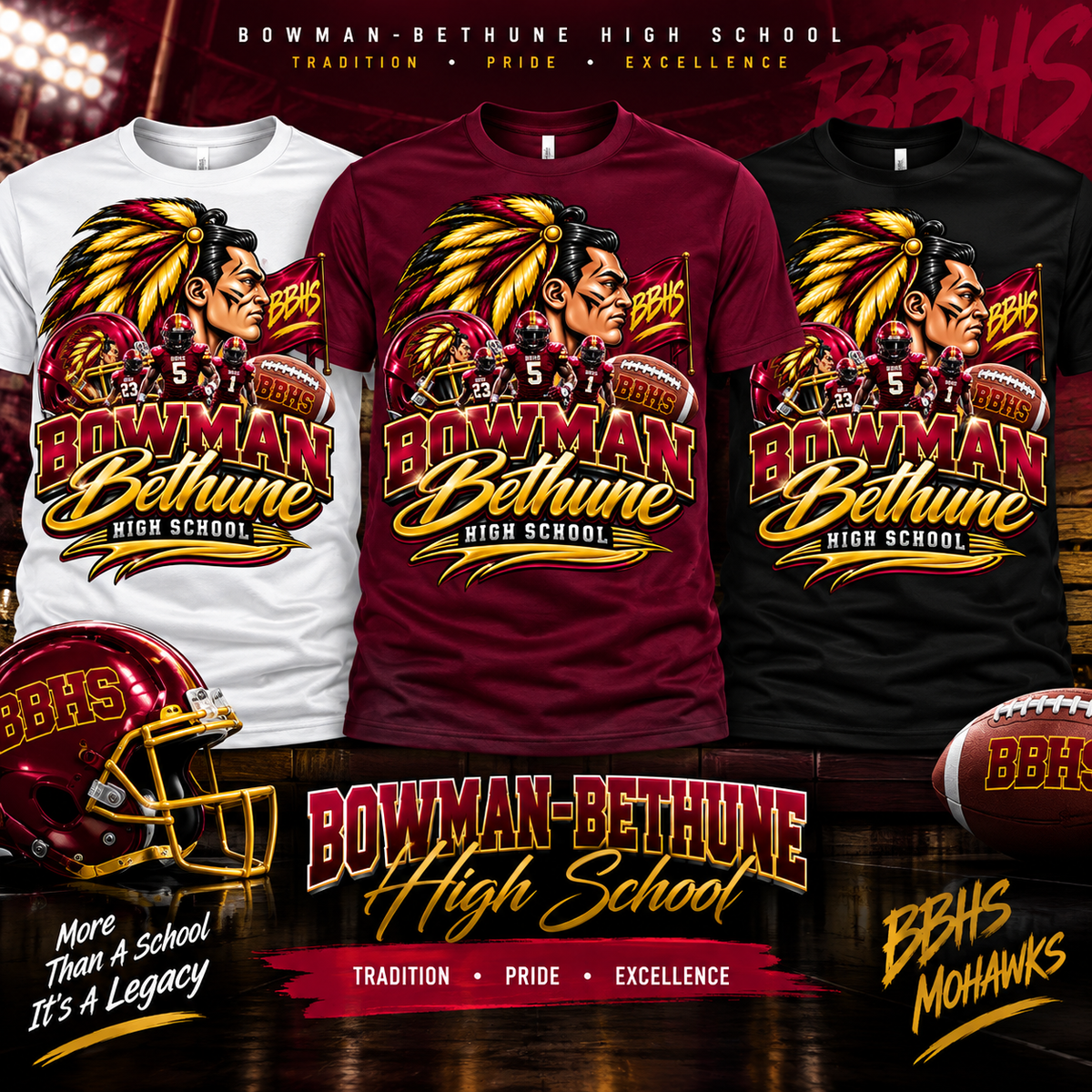 Bowman-Bethune High School Mohawks shirt mockup in white, burgundy, and black