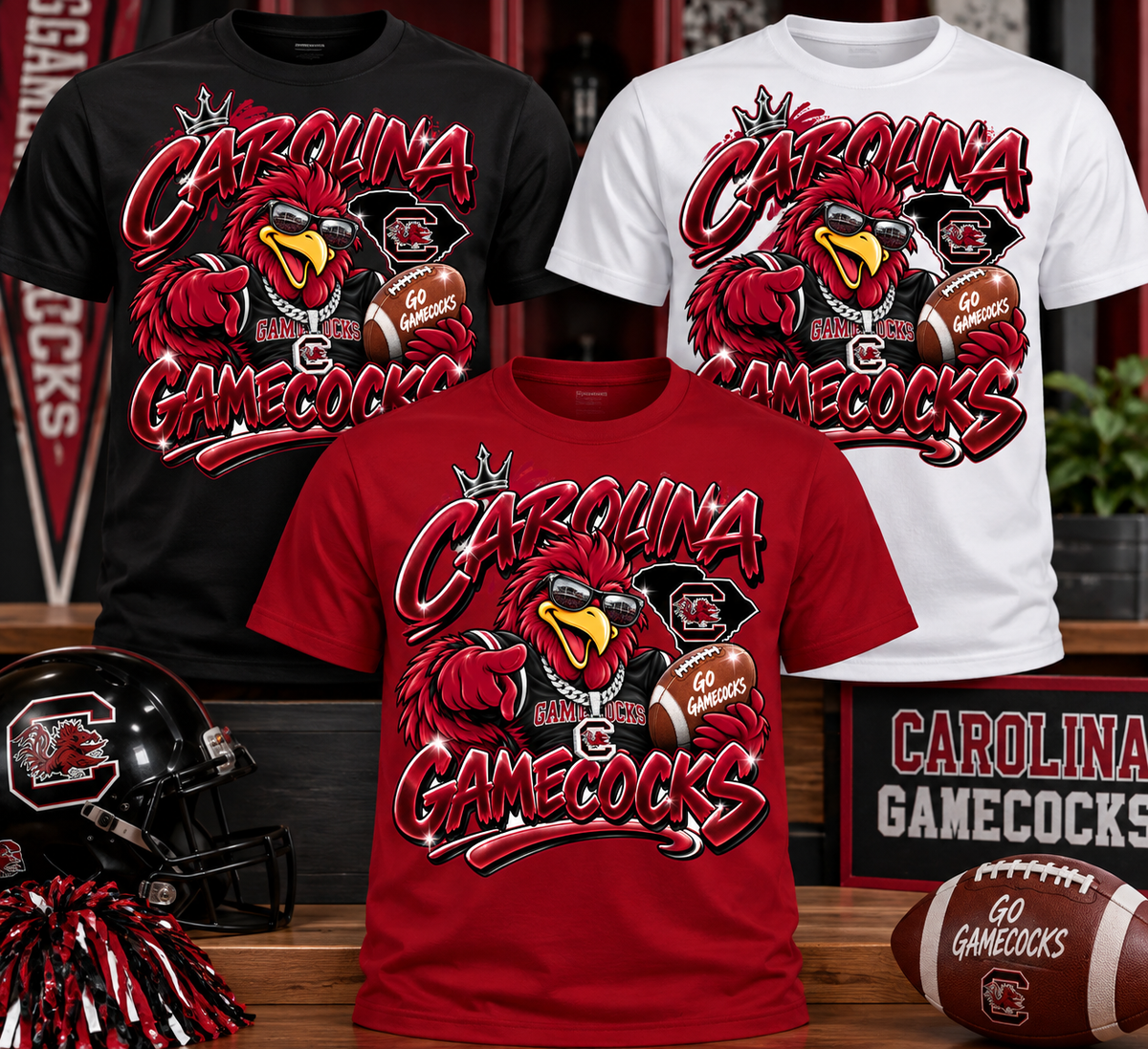 Carolina Gamecocks shirt mockup in black, white, and school red