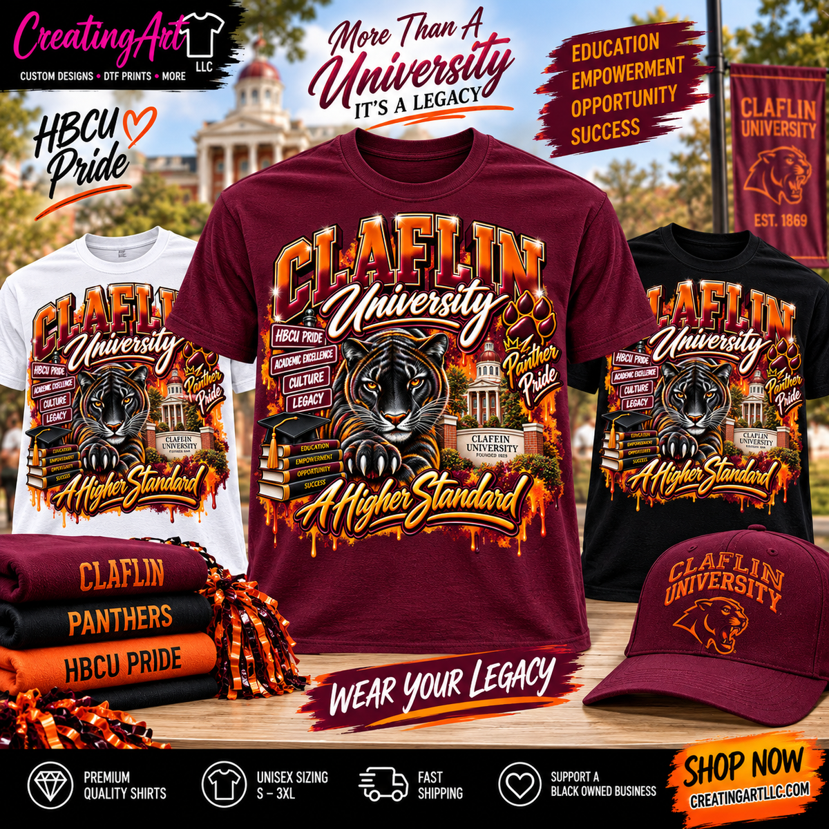 Claflin University A Higher Standard shirts in maroon white and black