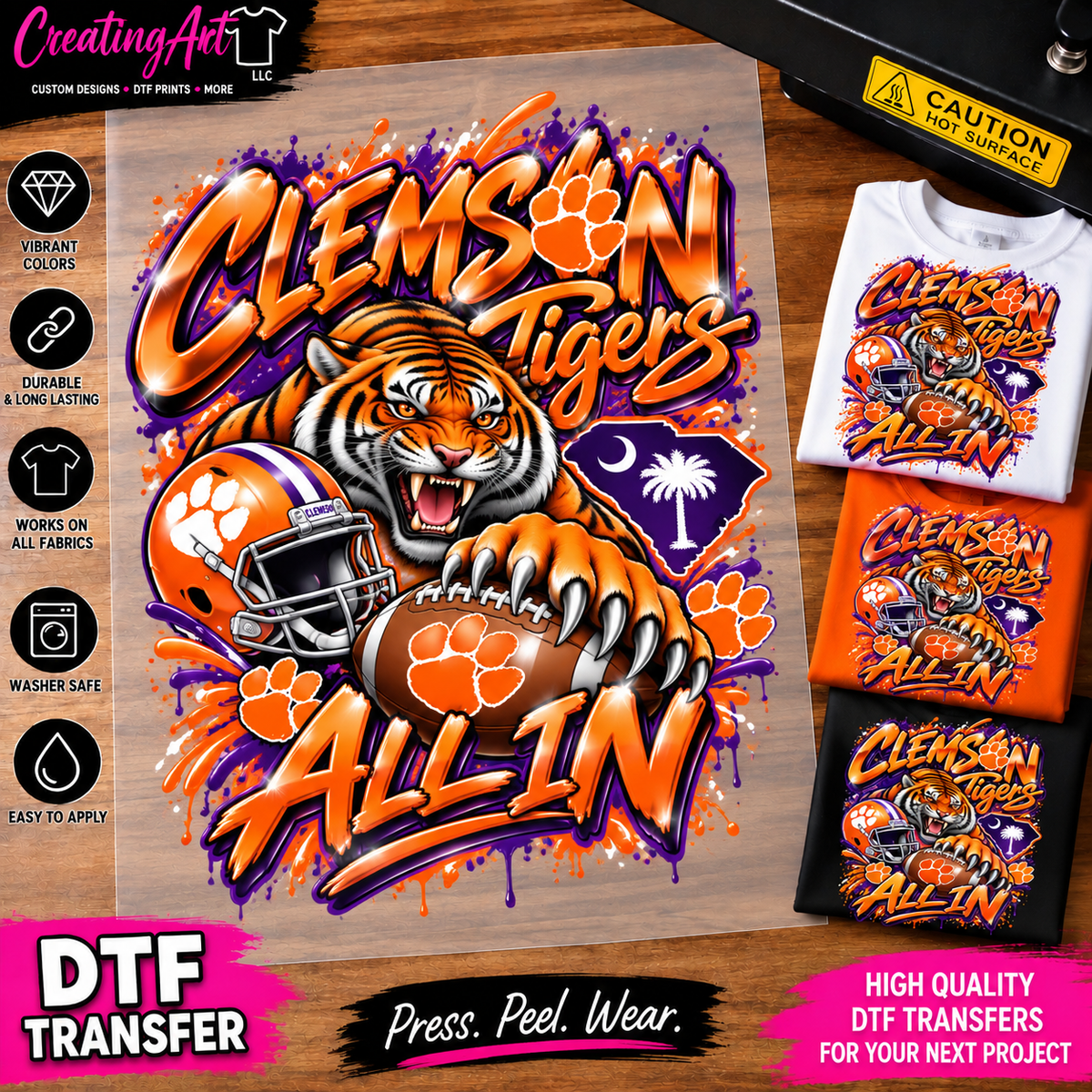 Clemson Tigers All In DTF print mockup