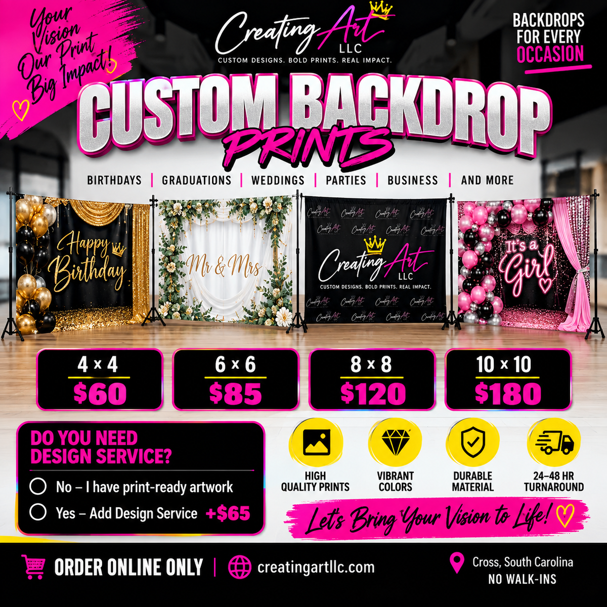 Creating Art custom backdrop printing sizes and design service