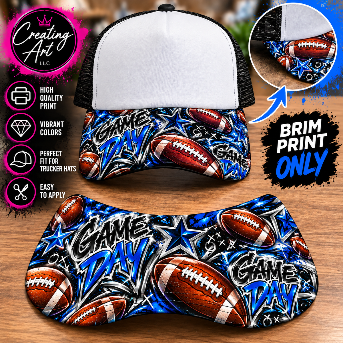 Game Day football airbrush brim print mockup; hat not included
