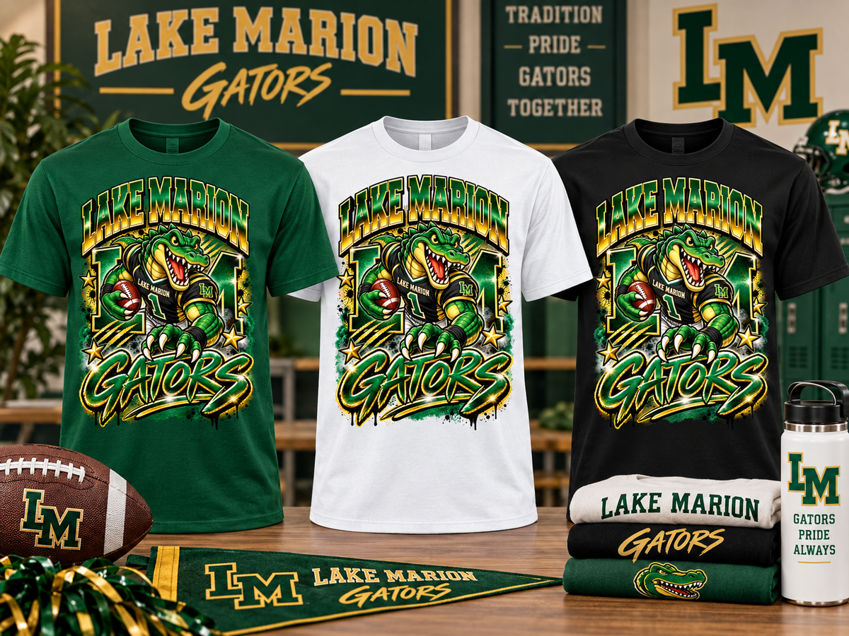Lake Marion Gators animated mascot spirit shirt mockup in green white and black