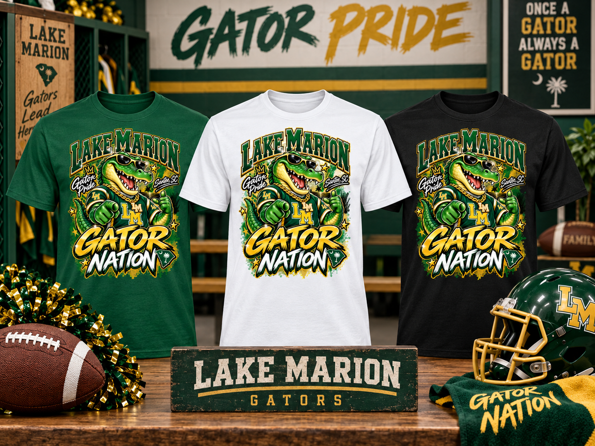 Lake Marion Gator Nation spirit T-shirts in green white and black