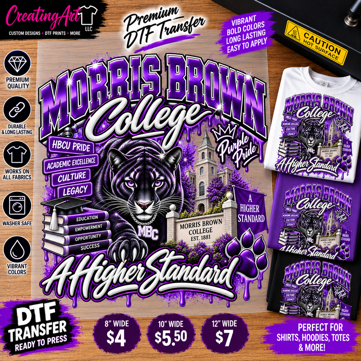 Morris Brown College A Higher Standard ready to press DTF transfer