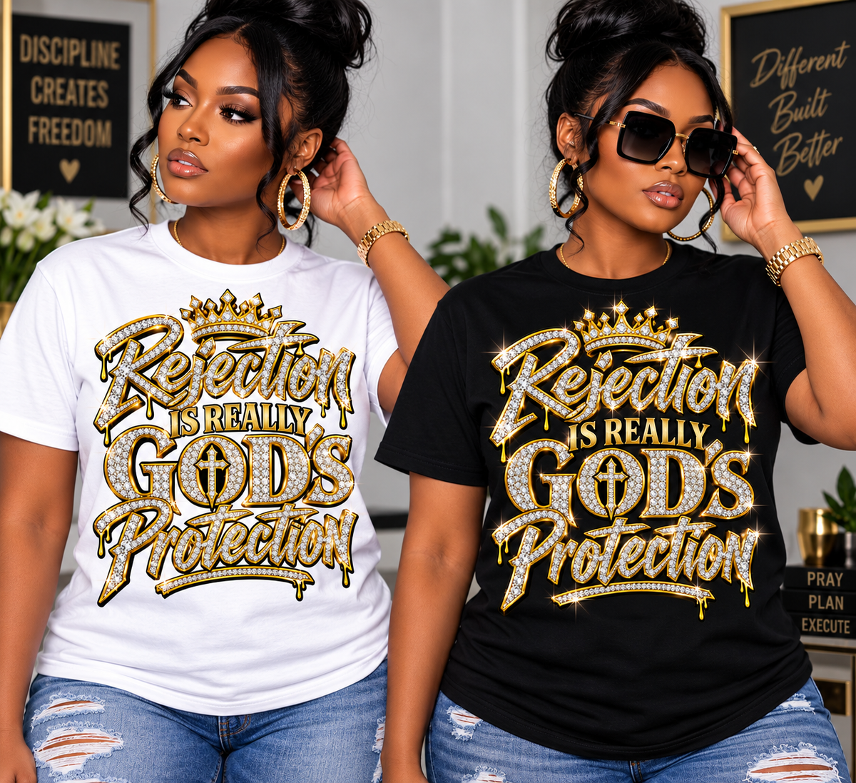 Rejection Is Really God’s Protection PNG, Christian Streetwear Design, Faith Shirt PNG, Diamond Bling Graphic, Urban Christian PNG, DTF Sublimation