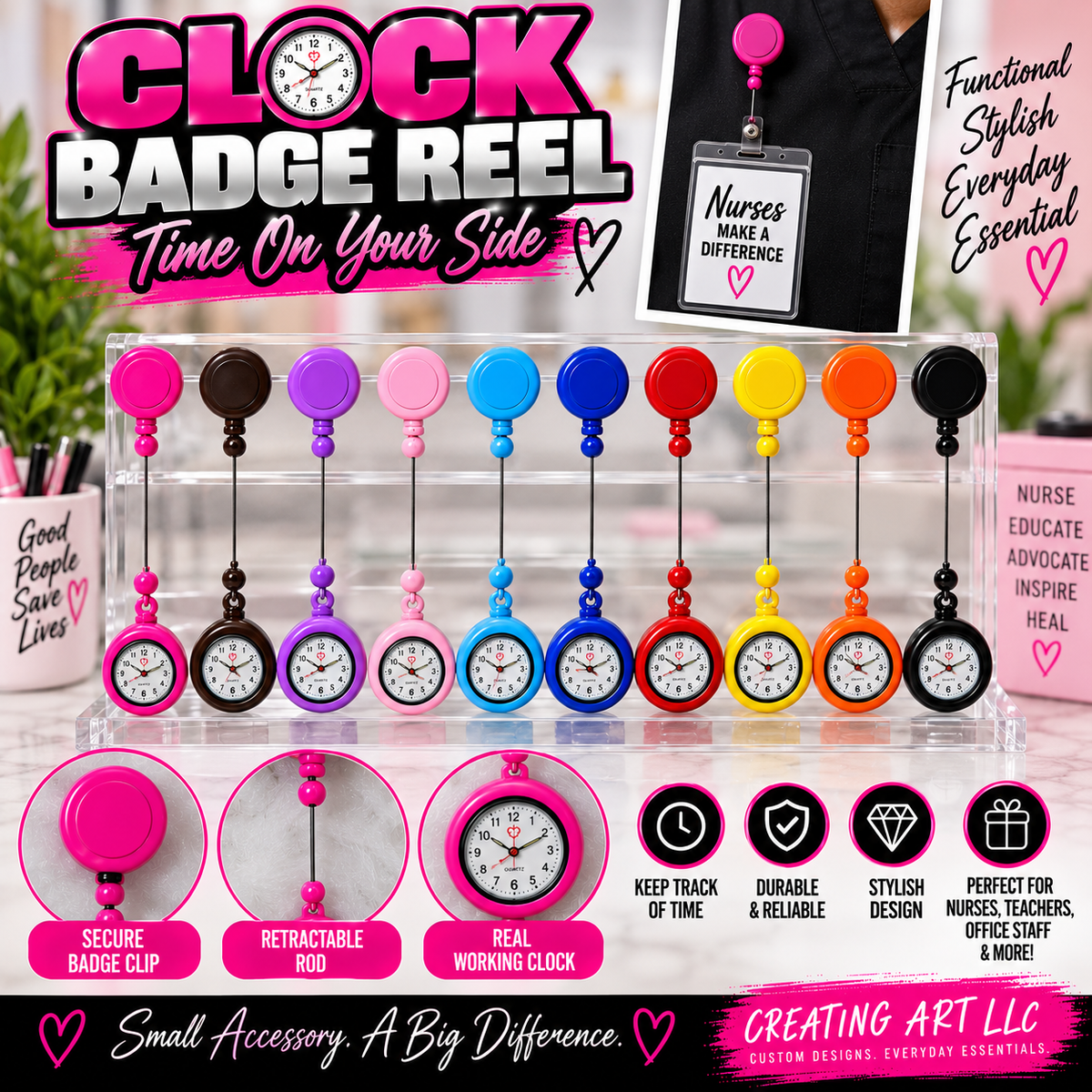 Clock Badge Reel, Nurse Watch Badge Reel, Retractable Clock ID Holder, Healthcare Worker Badge Reel, Teacher Badge Clip, Medical Gift