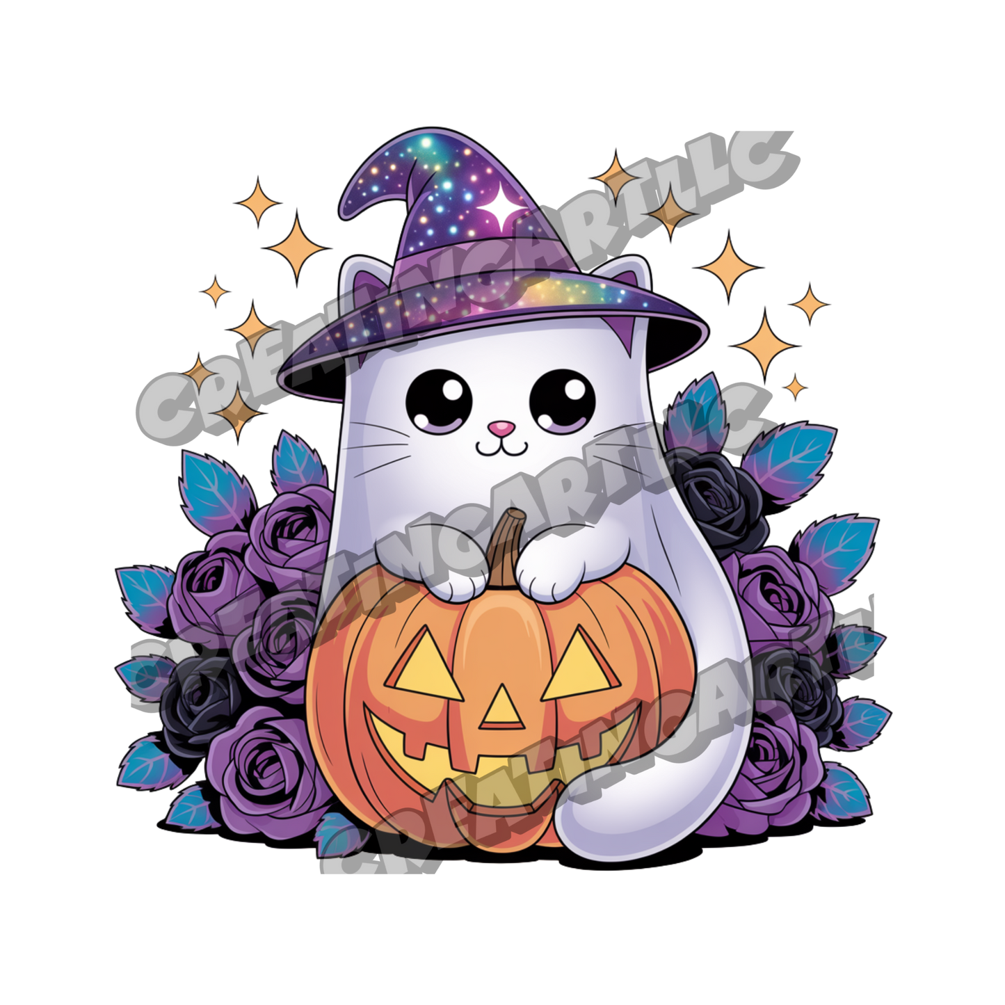 Cute Halloween Kawaii Cat Clipart Bundle – Witch Hat Cat, Pumpkin, and Gothic Rose Digital PNGs for Stickers, Sublimation, Crafts & More – 8 High-Quality Files