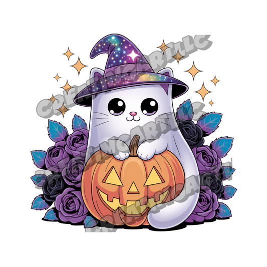 Cute Halloween Kawaii Cat Clipart Bundle – Witch Hat Cat, Pumpkin, and Gothic Rose Digital PNGs for Stickers, Sublimation, Crafts & More – 8 High-Quality Files