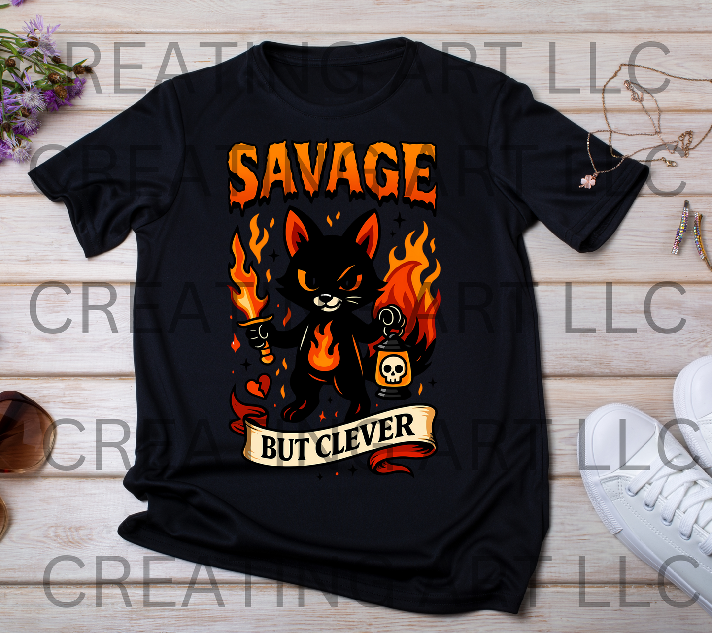 Savage But Clever Gothic Cat Sticker | Dark Fire Cat Design | Creepy Cute Black Cat with Torch & Lantern | Gothic PNG Clipart