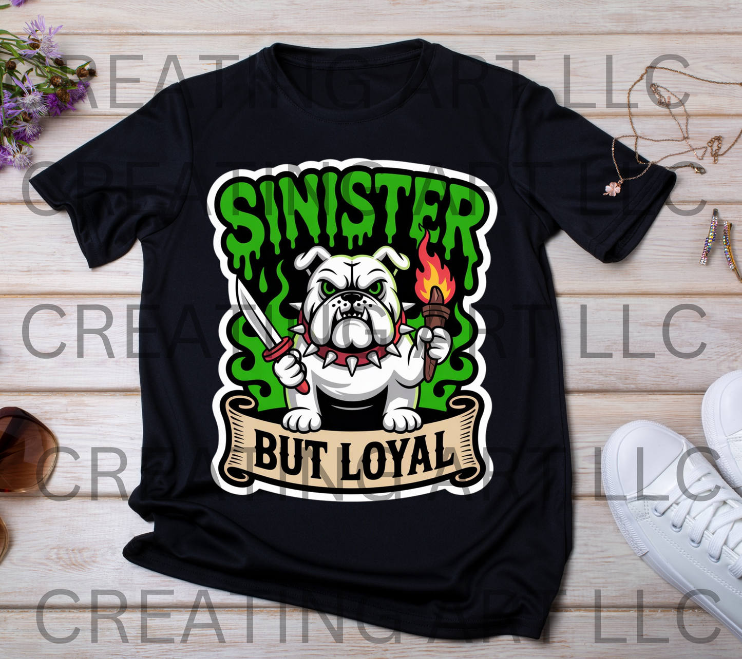 Sinister Bulldog Gothic Sticker | Dark Edgy Neon Green Dog Design | But Loyal Spooky Sticker PNG | Printable Creepy Bulldog Clipar