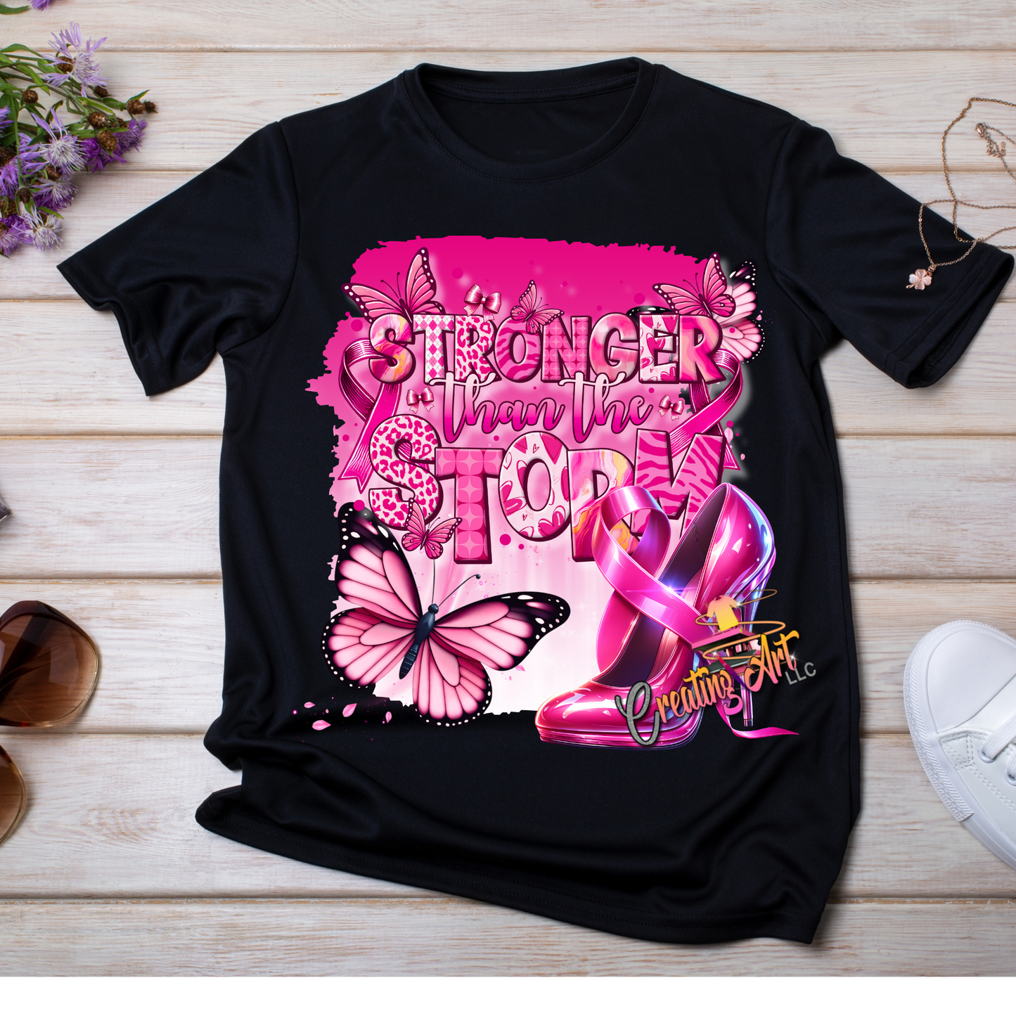 "Stronger Than the Storm Breast Cancer Shirt • Pink Ribbon Awareness Tee with Butterflies & Heels • Support T-Shirt (Black & White)"