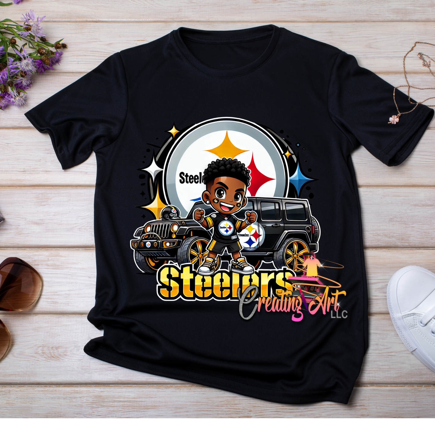 Pittsburgh Steelers Chibi Fan Art | Cute NFL Football PNG | Black & Gold Jeep Sports Fan Graphic | Game Day Digital Download | Steelers SVG for T-Shirts & Stickers