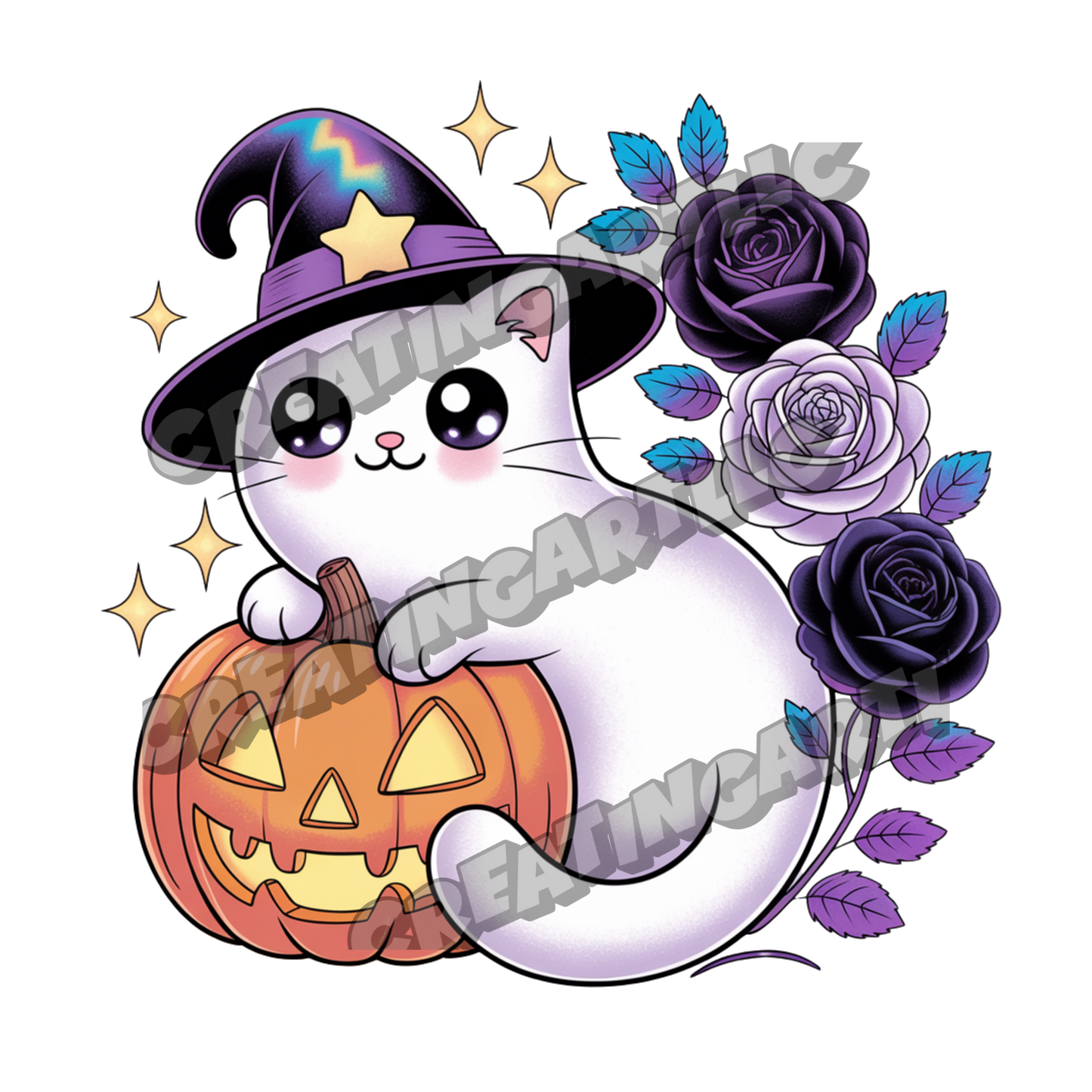 Cute Halloween Kawaii Cat Clipart Bundle – Witch Hat Cat, Pumpkin, and Gothic Rose Digital PNGs for Stickers, Sublimation, Crafts & More – 8 High-Quality Files