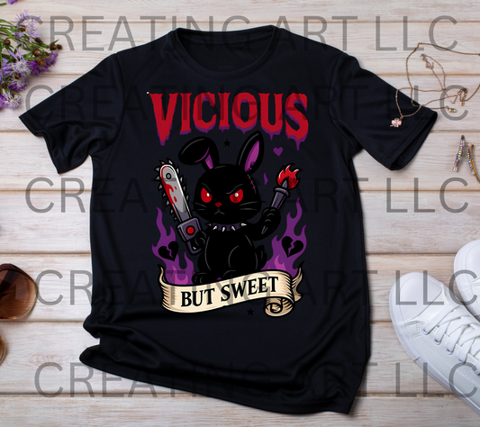 Vicious But Sweet Gothic Bunny Sticker | Dark Cute Rabbit Design | Creepy Bunny Chainsaw Torch Clipart | Purple Flame Goth PNG