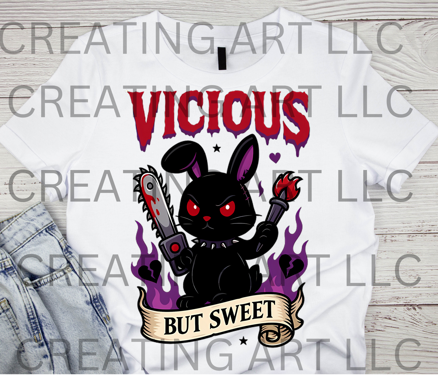 Vicious But Sweet Gothic Bunny Sticker | Dark Cute Rabbit Design | Creepy Bunny Chainsaw Torch Clipart | Purple Flame Goth PNG
