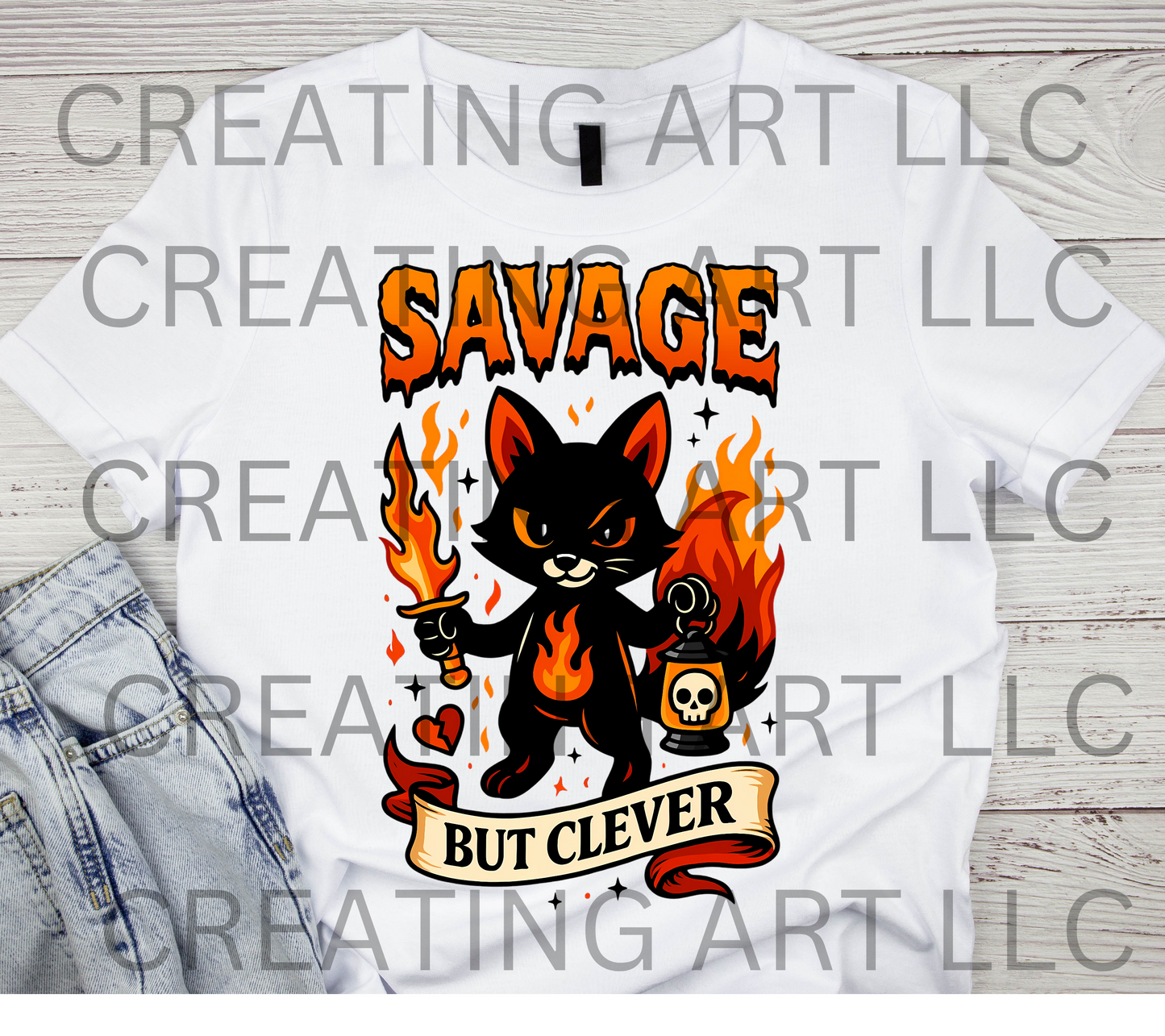 Savage But Clever Gothic Cat Sticker | Dark Fire Cat Design | Creepy Cute Black Cat with Torch & Lantern | Gothic PNG Clipart