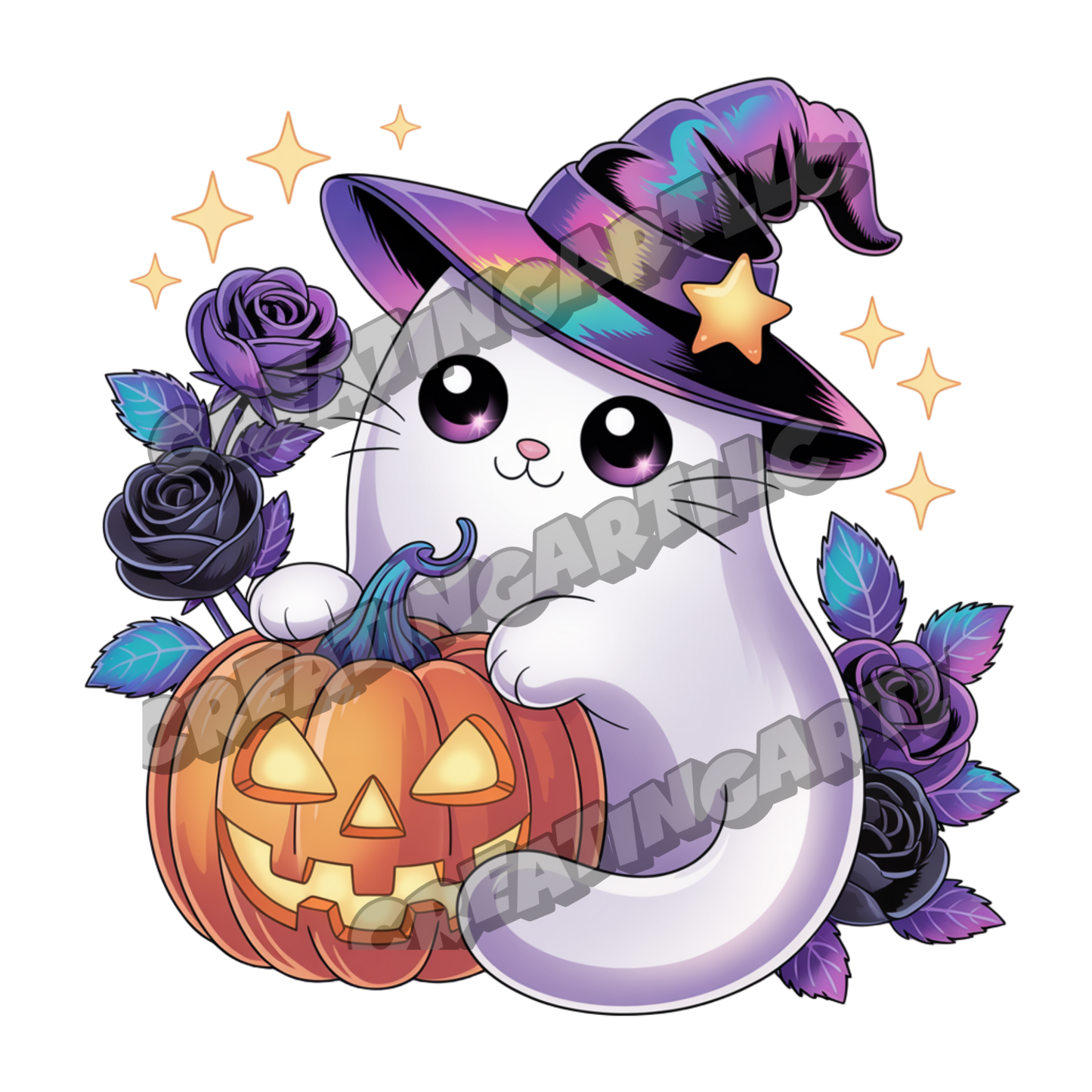 Cute Halloween Kawaii Cat Clipart Bundle – Witch Hat Cat, Pumpkin, and Gothic Rose Digital PNGs for Stickers, Sublimation, Crafts & More – 8 High-Quality Files