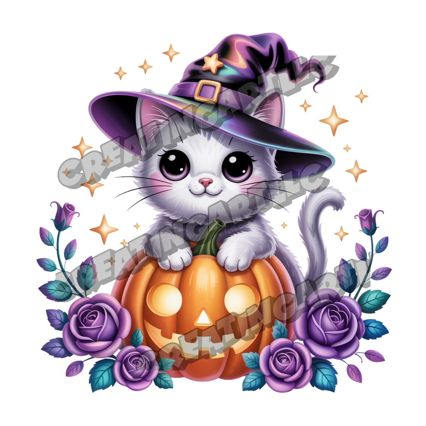 Cute Halloween Kawaii Cat Clipart Bundle – Witch Hat Cat, Pumpkin, and Gothic Rose Digital PNGs for Stickers, Sublimation, Crafts & More – 8 High-Quality Files