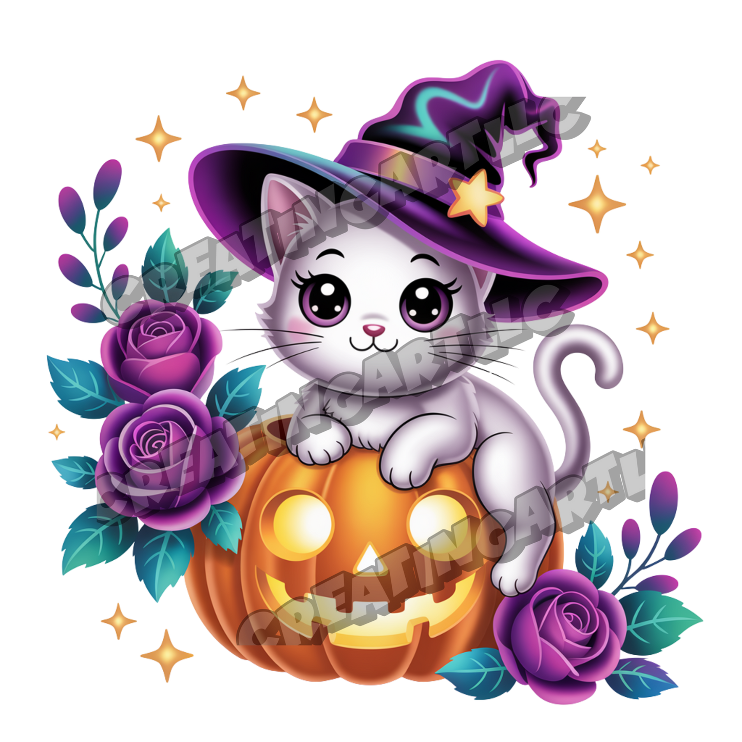 Cute Halloween Kawaii Cat Clipart Bundle – Witch Hat Cat, Pumpkin, and Gothic Rose Digital PNGs for Stickers, Sublimation, Crafts & More – 8 High-Quality Files