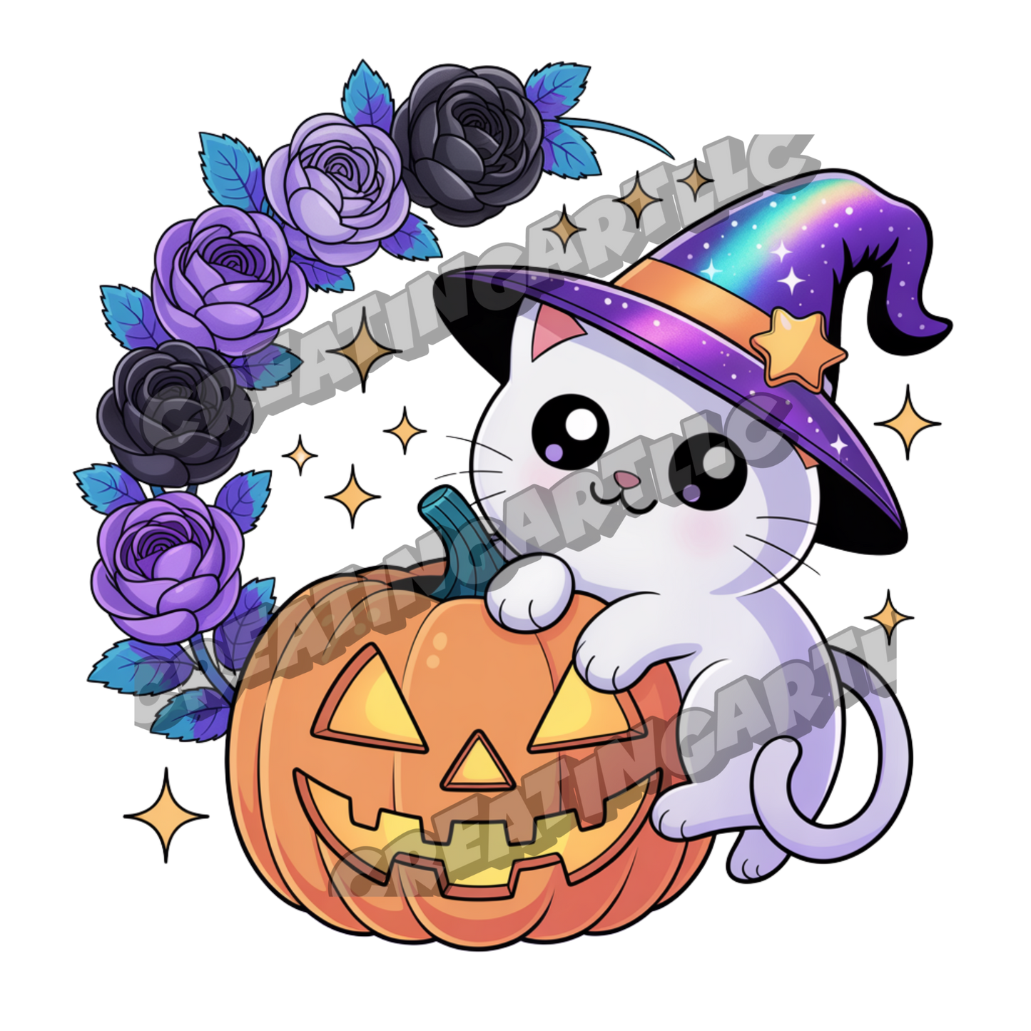 Cute Halloween Kawaii Cat Clipart Bundle – Witch Hat Cat, Pumpkin, and Gothic Rose Digital PNGs for Stickers, Sublimation, Crafts & More – 8 High-Quality Files