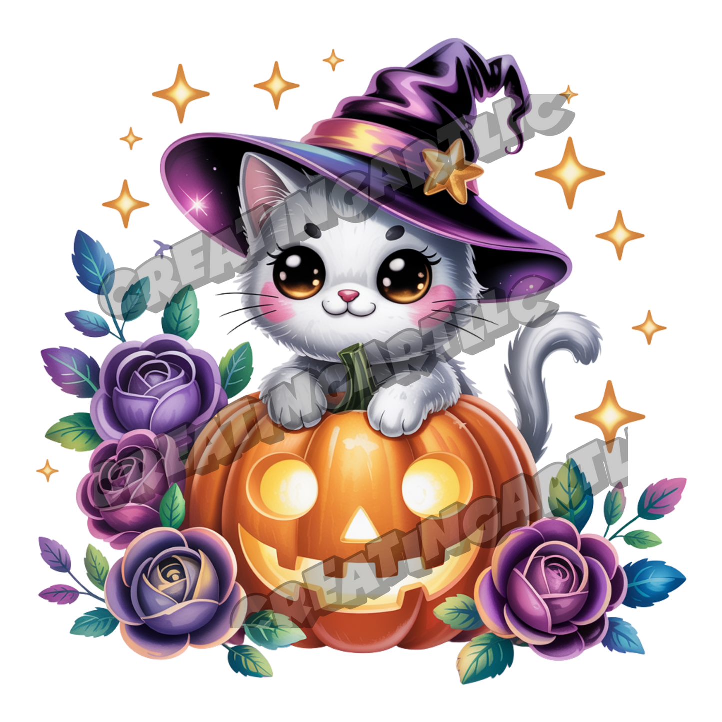 Cute Halloween Kawaii Cat Clipart Bundle – Witch Hat Cat, Pumpkin, and Gothic Rose Digital PNGs for Stickers, Sublimation, Crafts & More – 8 High-Quality Files