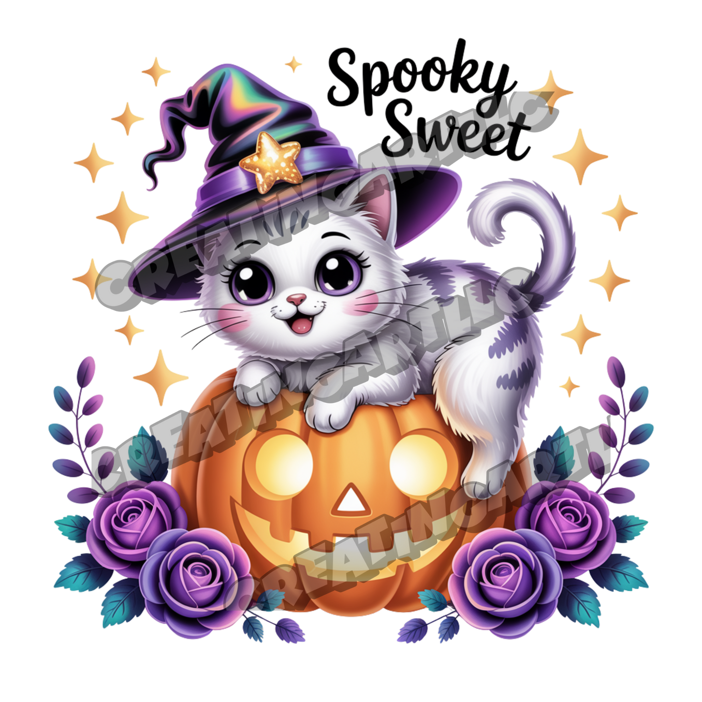 Cute Halloween Kawaii Cat Clipart Bundle – Witch Hat Cat, Pumpkin, and Gothic Rose Digital PNGs for Stickers, Sublimation, Crafts & More – 8 High-Quality Files
