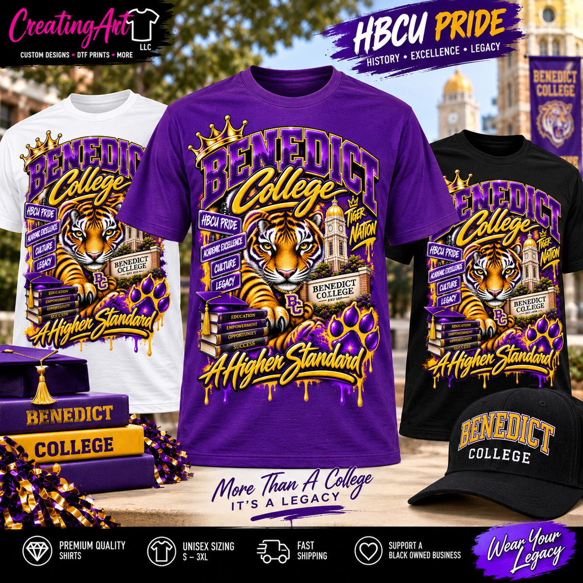 Benedict College A Higher Standard shirts in purple white and black