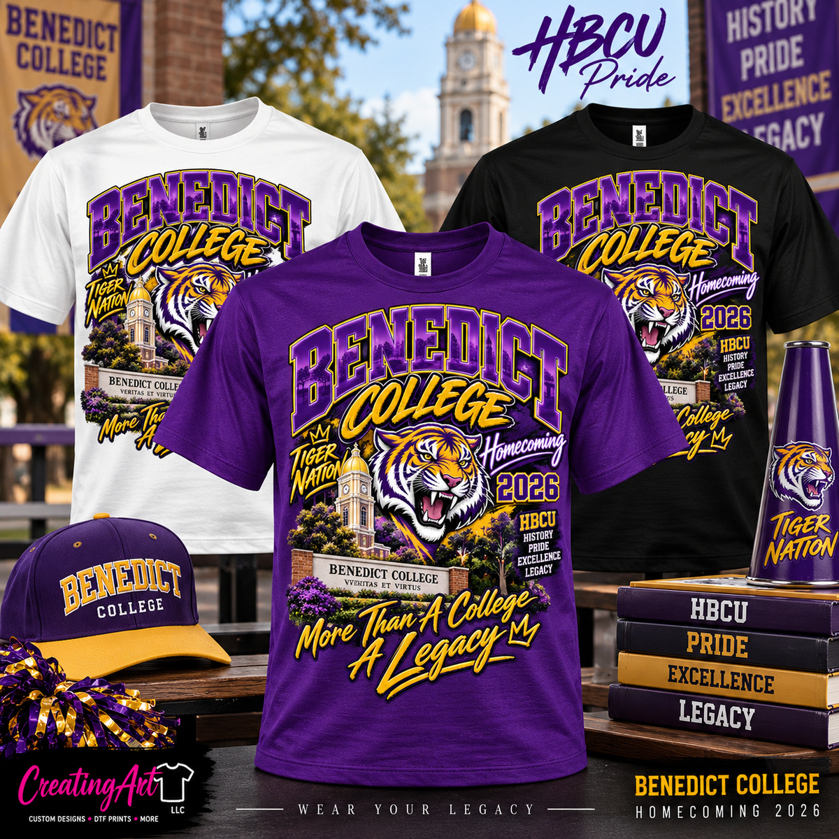 Benedict College Homecoming 2026 center print shirts in purple white and black
