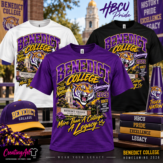 Benedict College Homecoming 2026 center print shirts in purple white and black