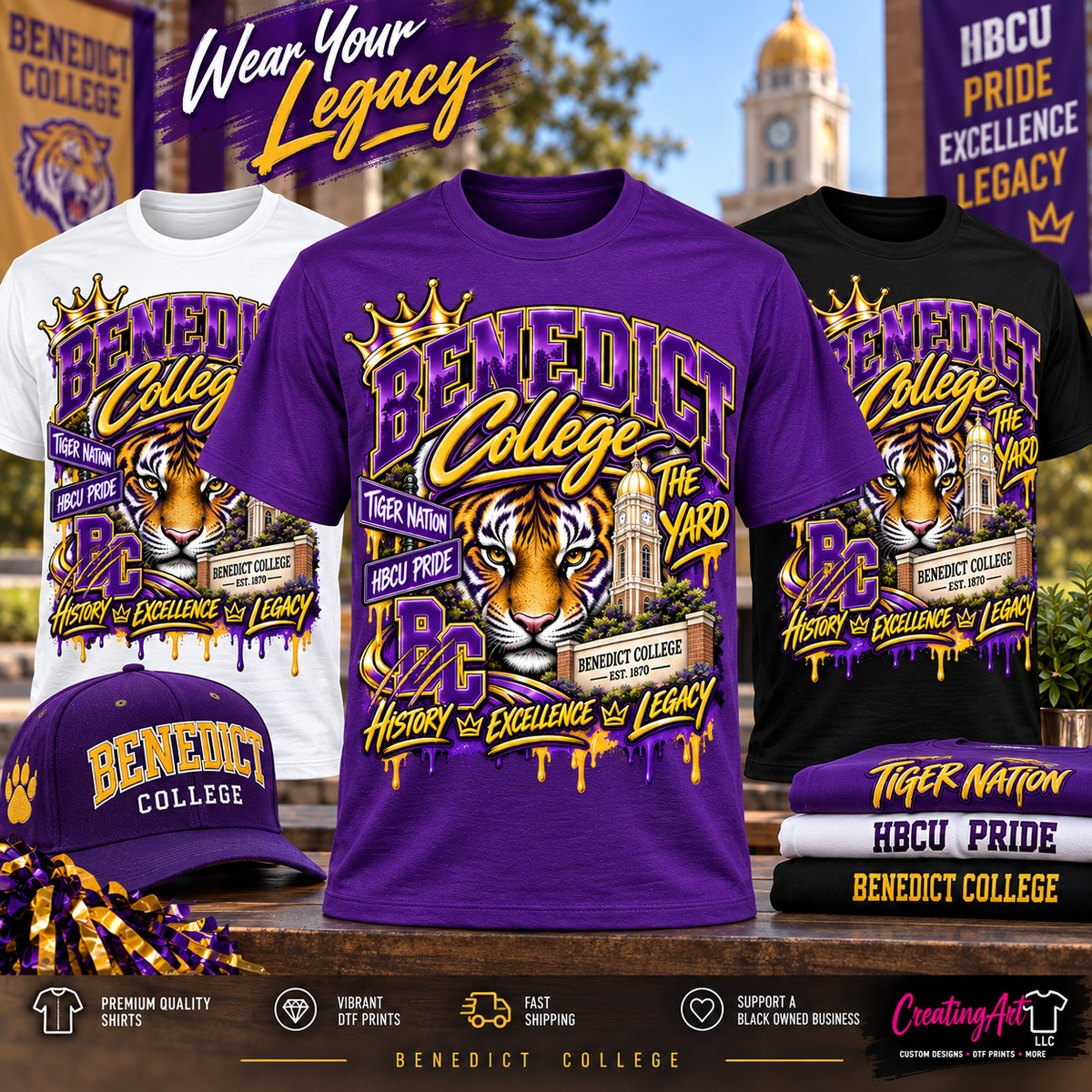 Benedict College The Yard center print shirts in purple white and black