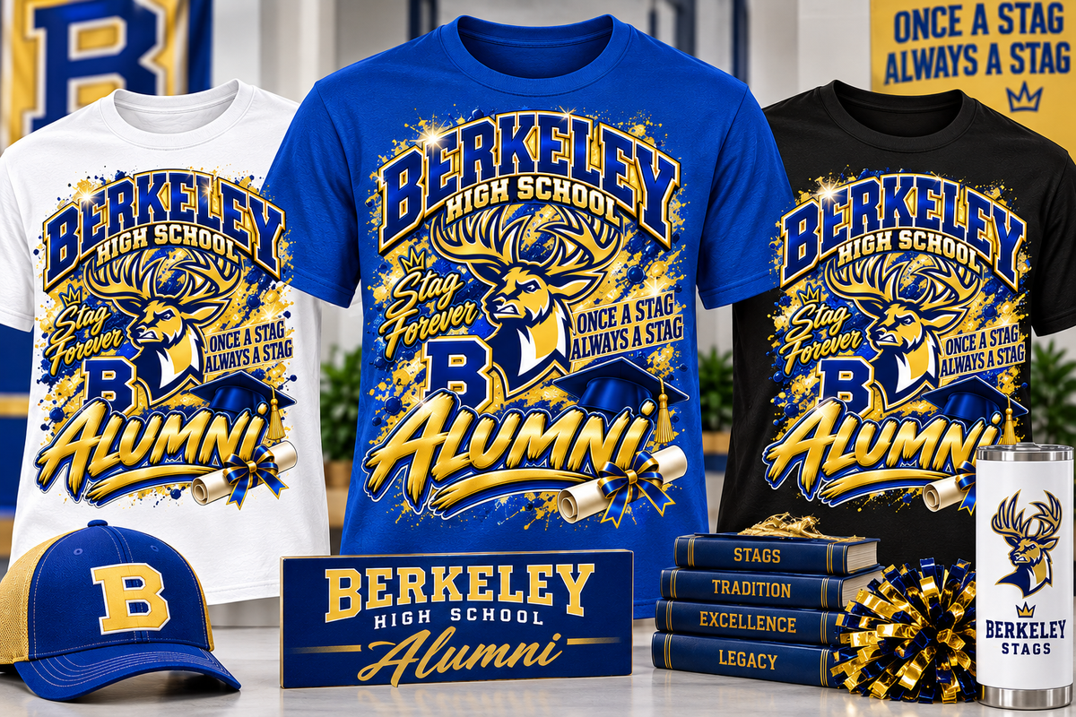 Berkeley High School Stags Alumni shirts in white royal blue and black