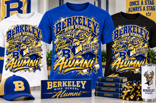 Berkeley High School Stags Alumni shirts in white royal blue and black