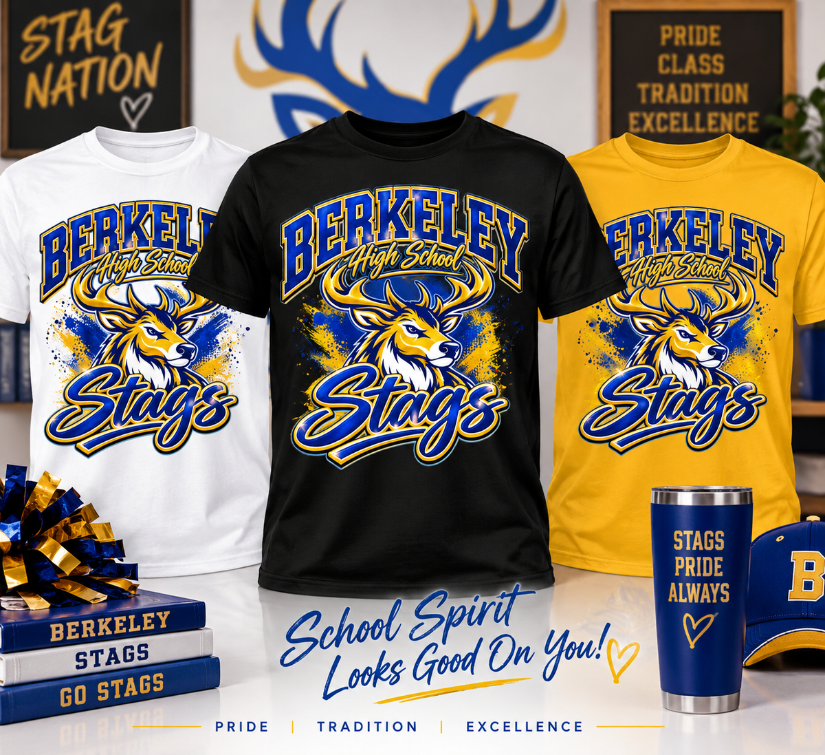Berkeley High School Stags shirts in white black and gold