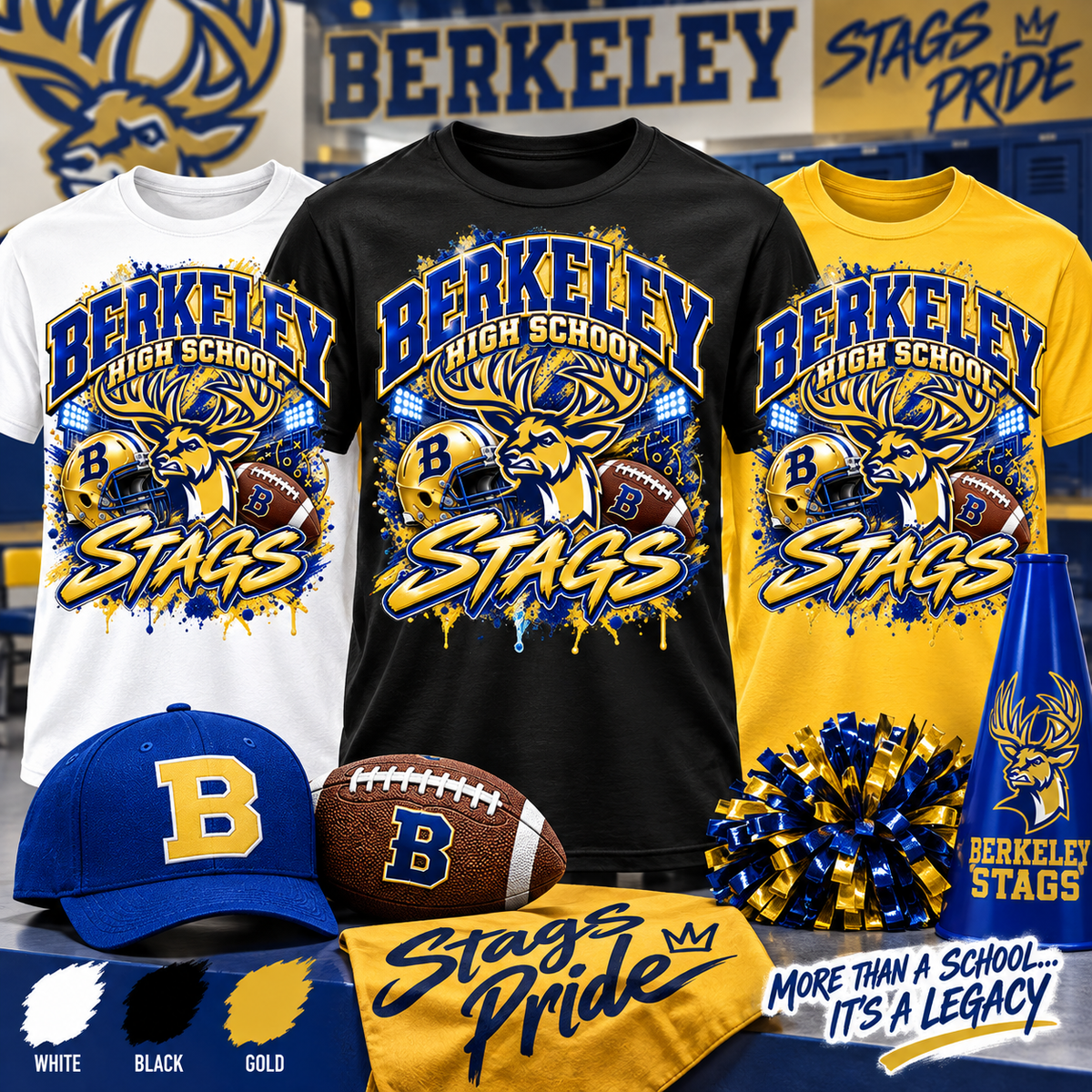 Berkeley High School Stags football center print shirts in white black and gold