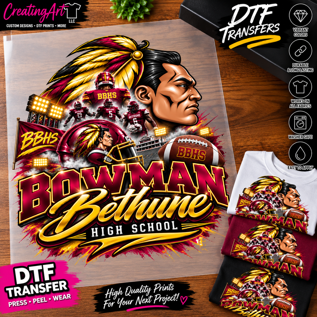 Bowman-Bethune High School football DTF print mockup
