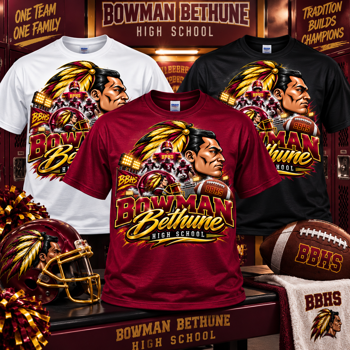 Bowman-Bethune High School football shirts in white, burgundy and black