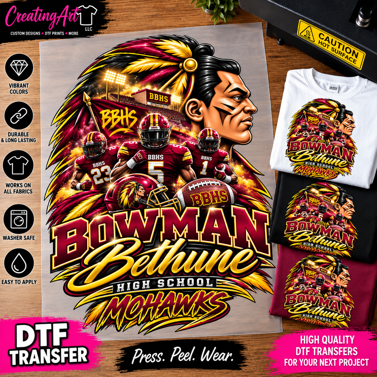 Bowman Bethune High School Mohawks DTF transfer mockup