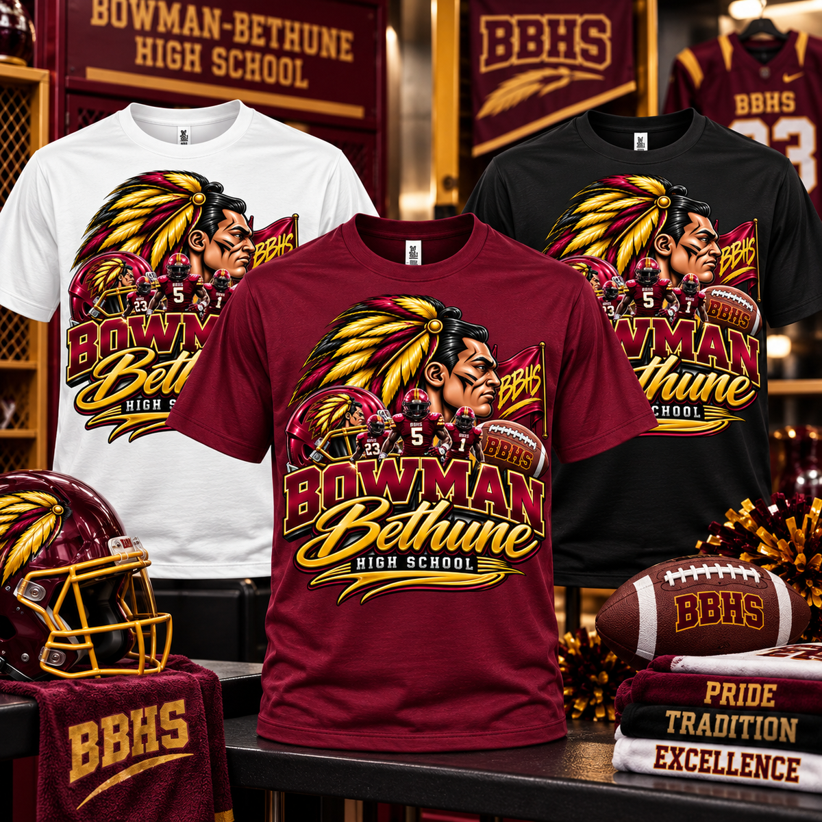 Bowman-Bethune High School Mohawks shirt mockup in white, burgundy, and black