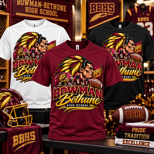 Bowman-Bethune High School Mohawks shirt mockup in white, burgundy, and black