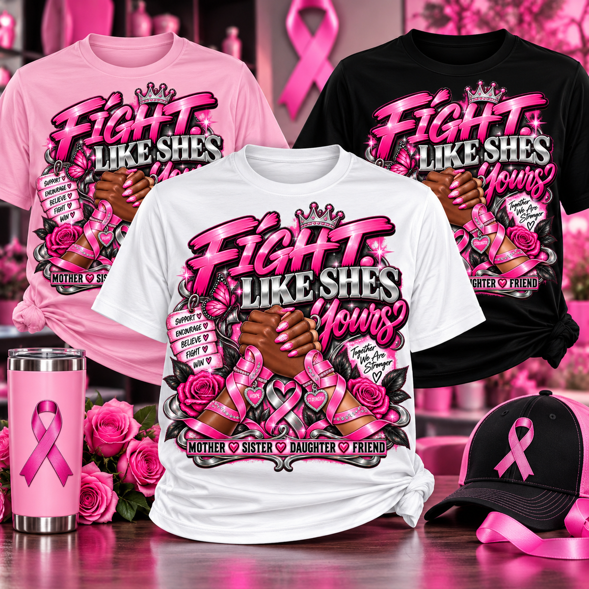 Fight Like She's Yours Breast Cancer Awareness shirt mockup in light pink, white and black