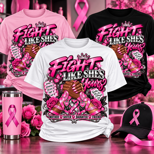 Fight Like She's Yours Breast Cancer Awareness shirt mockup in light pink, white and black