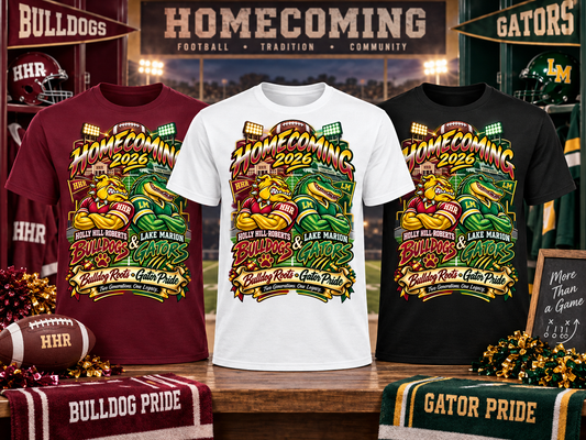 Bulldogs and Gators Homecoming 2026 T-shirts on maroon white and black